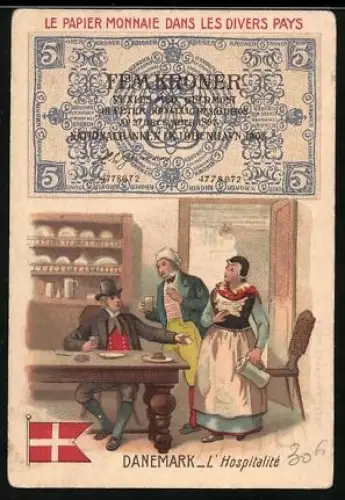 Sammelbild Cambrai, Chicorée Nouvelle, Dänischer Geldschein 5 Kroner, Männer in einem Gasthaus