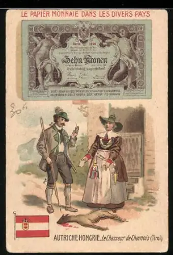 Sammelbild Cambrai, Chicorée Nouvelle, Österreichischer Geldschein 10 Kronen, Jäger mit Dame in Tracht