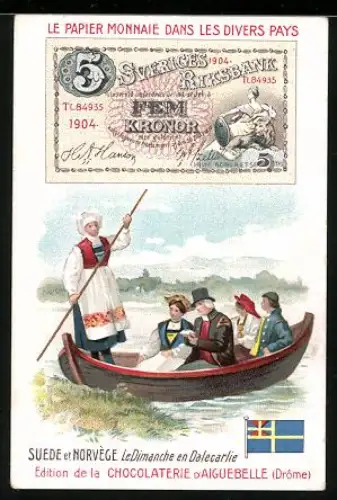 Sammelbild Chocolaterie D`Aiguebelle, Schwedischer Geldschein 5 Kronor, Personen in einem Boot