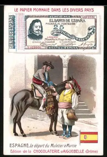 Sammelbild Chocolaterie D`Aiguebelle, Spanischer Geldschein 25 Pesetas, Reiter neben einem Mann