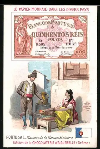 Sammelbild Chocolaterie D`Aiguebelle, Portugiesischer Geldschein 500 Reis, Mann bei einer Händlerin
