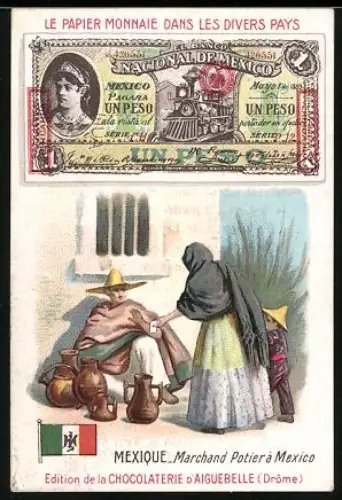 Sammelbild Chocolaterie D`Aiguebelle, Mexikanischer Geldschein 1 Peso, Dame mit ihrem Kind bei einem Händler