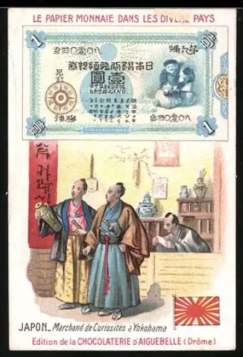 Sammelbild Chocolaterie D`Aiguebelle, Japanischer Geldschein, Männer bei einem Händler