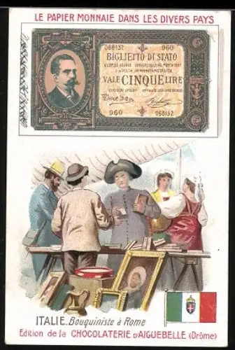 Sammelbild Chocolaterie D`Aiguebelle, Italienischer Geldschein 5 Lire, Mann bei einem Buchhändler