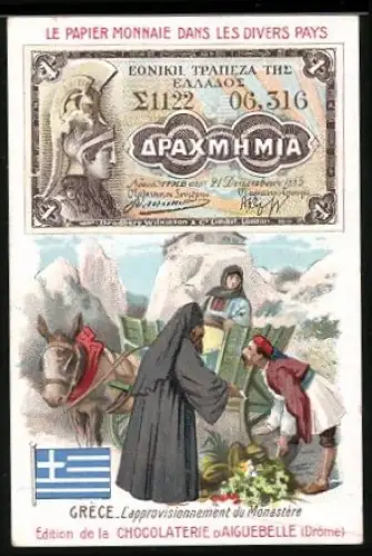 Sammelbild Chocolaterie D`Aiguebelle, Griechischer Geldschein, Gruppe mit einer Eselskutsche