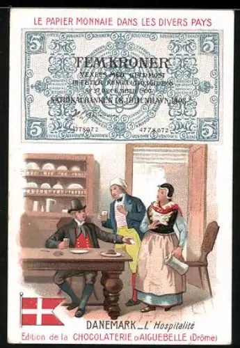 Sammelbild Chocolaterie D`Aiguebelle, Dänischer Geldschein 5 Kroner, Mann bezahlt in einem Gasthaus