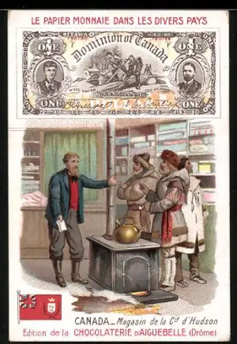 Sammelbild Chocolaterie D`Aiguebelle, Kanadischer Geldschein 1 Dollar, Männer in einem Geschäft