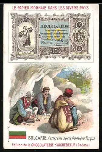 Sammelbild Chocolaterie D`Aiguebelle, Bulgarischer Geldschein, Manner in einer Höhle