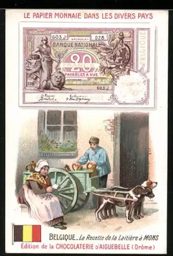 Sammelbild Chocolaterie D`Aiguebelle, Belgischer Geldschein, Mann mit einem Hundekarren