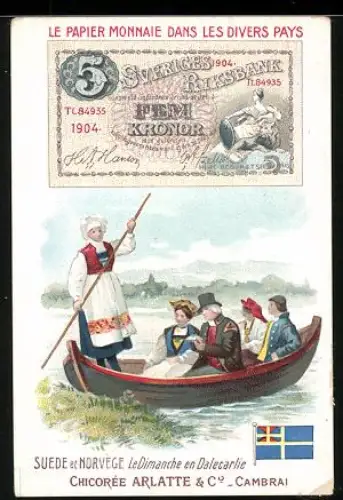 Sammelbild Chicorée Bleu-Argent Arlatte & Co, Schwedischer Geldschein 5 Kronor, Gruppe in einem Boot