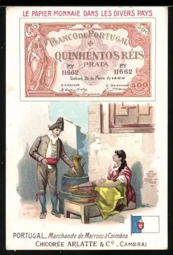 Sammelbild Chicorée Bleu-Argent Arlatte & Co, Portugiesischer Geldschein 500 Reis, Händler mit Ofen