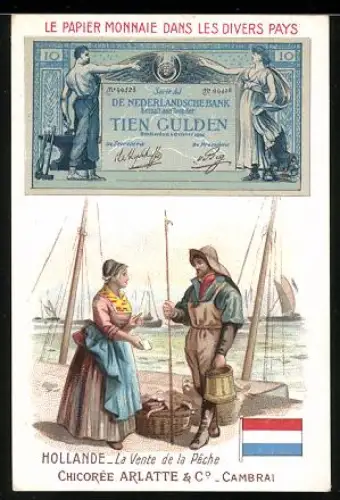 Sammelbild Chicorée Bleu-Argent Arlatte & Co, Holländischer Geldschein 10 Gulden, Dame mit einem Fischer im Hafen