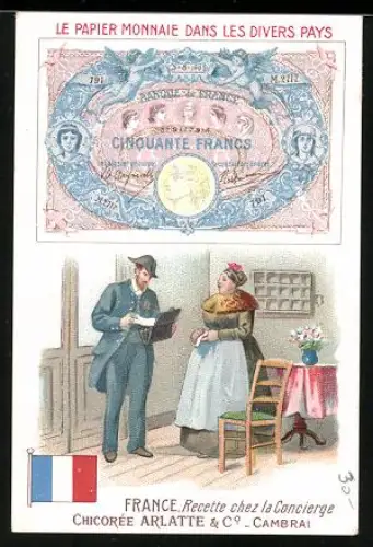 Sammelbild Chicorée Bleu-Argent Arlatte & Co, Französischer Geldschein, Paar in ihrem Haus