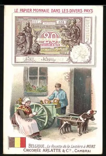 Sammelbild Chicorée Bleu-Argent Arlatte & Co, Belgischer Geldschein 20 Francs, Mann mit Krügen in einem Hundekarren
