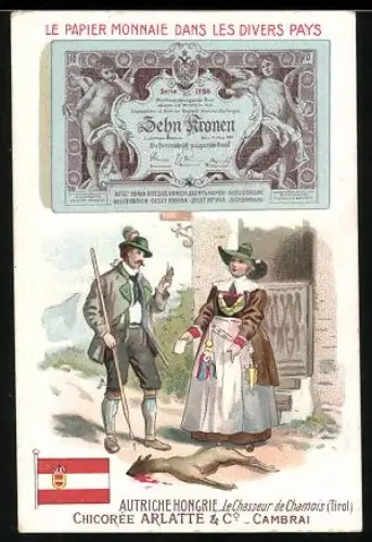 Sammelbild Chicorée Bleu-Argent Arlatte & Co, Österreichischer Geldschein 10 Kronen, Dame bezahlt einen Jäger