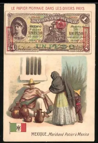 Sammelbild Lille, Chicorée Supérieure C. Beriot, Mexikanischer Geldschein 1 Peso, Dame mit Händler