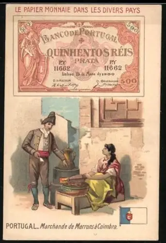 Sammelbild Lille, Chicorée Supérieure C. Beriot, Portugiesischer Geldschein 500 Reis, Mann bei einer Händlerin
