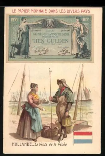 Sammelbild Lille, Chicorée Supérieure C. Beriot, Holländischer Geldschein 10 Gulden, Dame bezahlt einen Fischer
