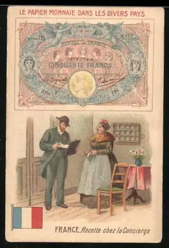 Sammelbild Lille, Chicorée Supérieure C. Beriot, Französischer Geldschein, Paar in der Stube