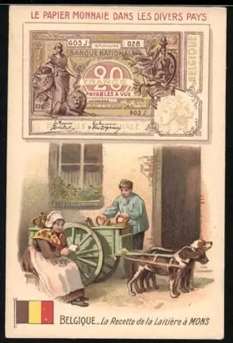Sammelbild Lille, Chicorée Supérieure C. Beriot, Belgischer Geldschein 20 Francs, Mann mit Hundekarren