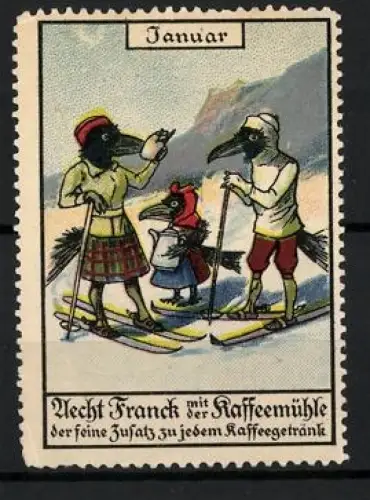 Reklamemarke Januar, Aecht Franck mit der Kaffeemühle, Skifahrende Krähenfamilie