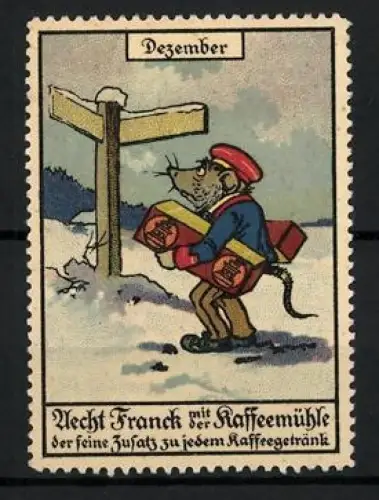 Reklamemarke Dezember, Aecht Franck mit Kaffeemühle, Maus mit Paketen im Schnee