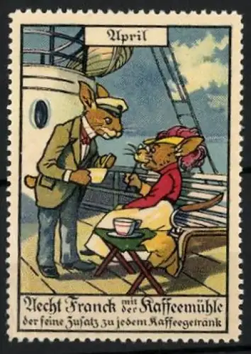 Reklamemarke April, Aecht Franck mit der Kaffeemühle, Hasen auf einem Schiff