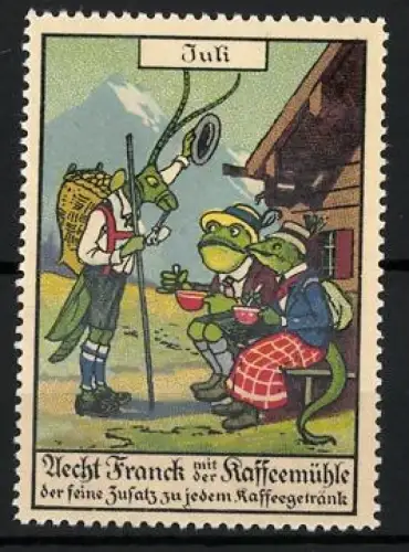 Reklamemarke Juli, Aecht Franck mit der Kaffeemühle, Frösche bei Kaffeepause
