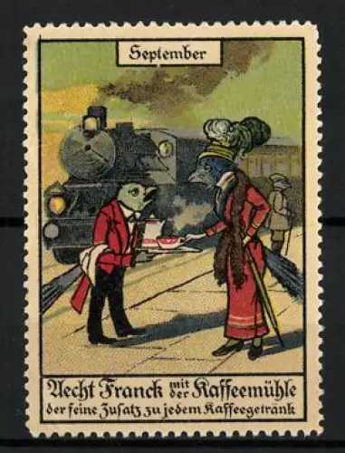 Reklamemarke September, Aecht Franck mit der Kaffeemühle, Kaffeetrinkende Vögel am Bahnhof