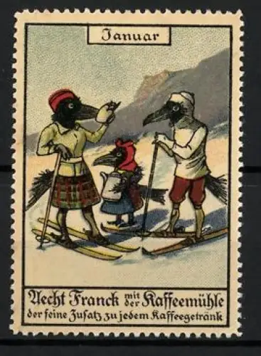 Reklamemarke Januar, Aecht Franck mit der Kaffeemühle, Skifahrende Vögel