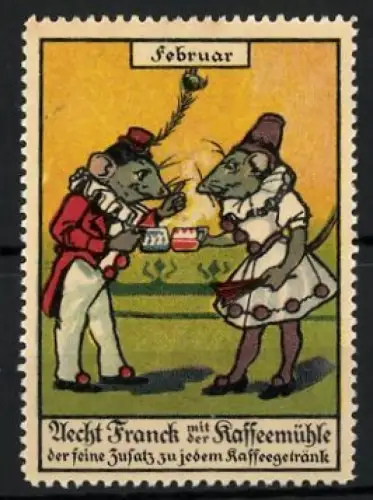 Reklamemarke Februar, Aecht Franck mit der Kaffeemühle, Mäuse zum Karneval mit Kaffeetassen