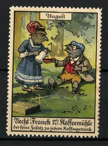 Reklamemarke August, Aecht Franck mit der Kaffeemühle, Vögel im Gespräch