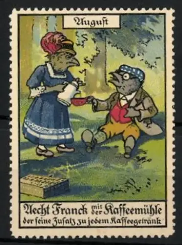 Reklamemarke August, Aecht Franck mit der Kaffeemühle, Vögel im Wald