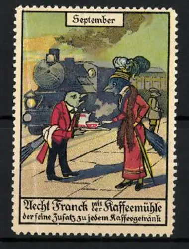 Reklamemarke Aecht Franck mit der Kaffeemühle, Eisenbahn und elegante Vögel, September