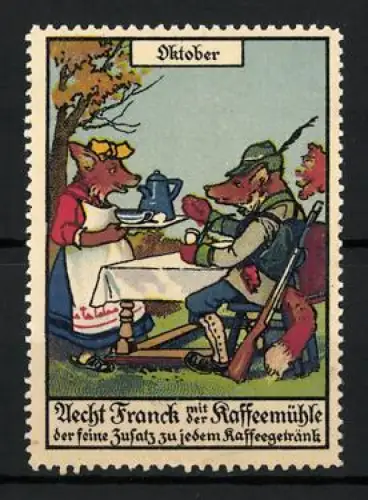 Reklamemarke Oktober, Aecht Franck mit der Kaffeemühle, Füchse am Tisch