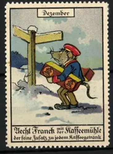 Reklamemarke Dezember, Aecht Franck mit der Kaffeemühle, Maus mit Kaffeepaketen