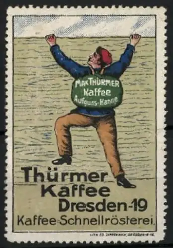 Reklamemarke Dresden, Kaffee-Schnellrösterei, Thürmer Kaffee, Kletternder Mann