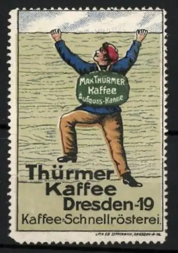 Reklamemarke Dresden, Thürmer Kaffee, Mann mit Rucksack