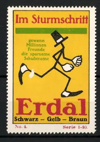 Reklamemarke Schuhcreme Erdal, Im Sturmschritt, Strichmännchen mit Schuhen