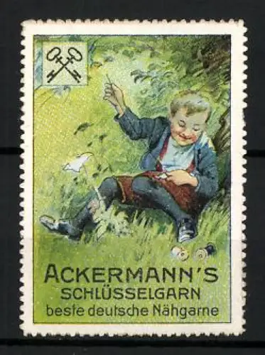 Reklamemarke Ackermann`s Schlüsselgarn, Junge beim Nähen