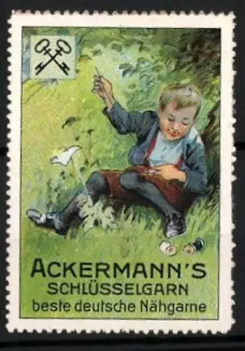 Reklamemarke Ackermann`s, Schlüsselgarn, Kind mit Nähgarn im Gras