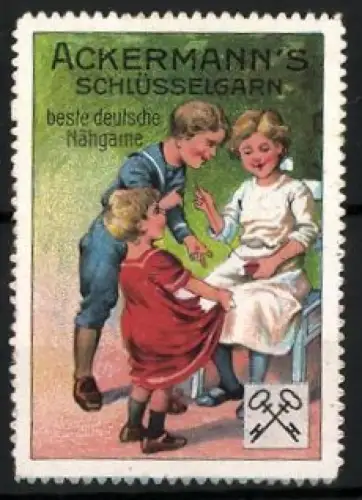Reklamemarke Ackermann`s Schlüsselgarn, Nähszene mit Kindern