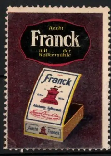 Reklamemarke Aecht Franck mit der Kaffeemühle, Kaffeeverpackung