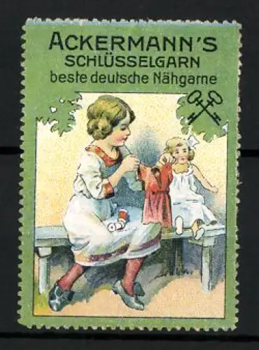 Reklamemarke Ackermann`s Schlüsselgarn, Mädchen mit Puppe und Garn