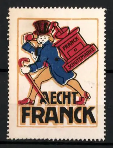 Reklamemarke Aecht Franck, Schutzmarke, Figur mit Kaffeemühle