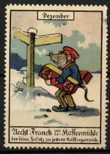 Reklamemarke Dezember, Aecht Franck Kaffee, Maus mit Kaffeepaketen
