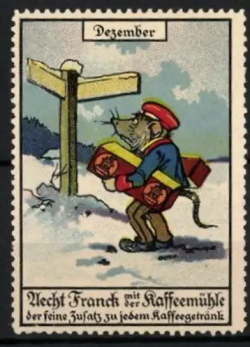 Reklamemarke Dezember, Kaffee Aecht Franck, Ratte mit Paketen im Schnee
