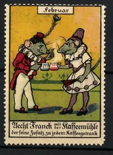 Reklamemarke Februar, Echt Franck Kaffee, Mäuse mit Kaffeetassen