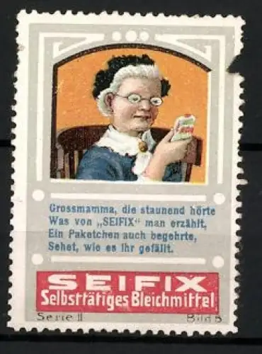 Reklamemarke Seifix, Selbsttätiges Bleichmittel, Grossmutter mit Paket