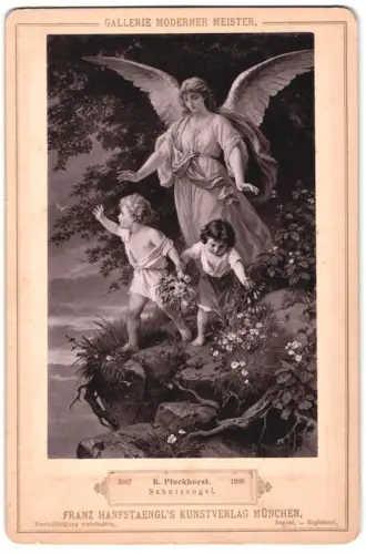 Fotografie Franz Hanfstaengl, München, Schutzengel mit Kindern an einer Klippe nach einem Gemälde von B. Plockhorst